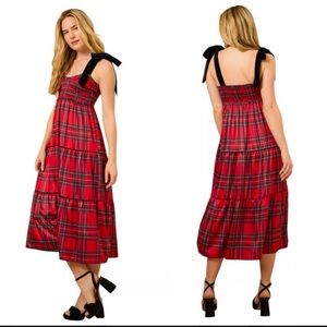 Altar'd State Red Plaid Smocked Dress with Velvet Bows